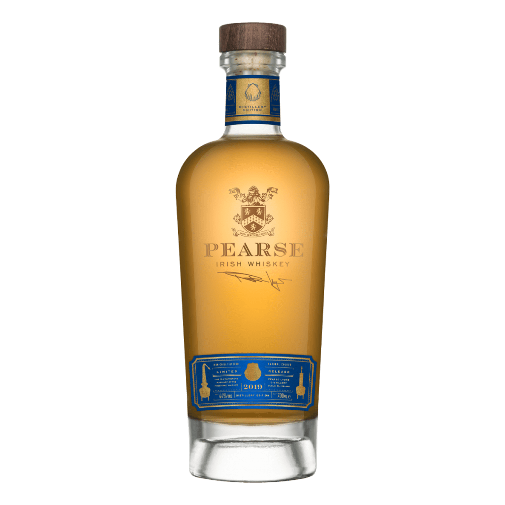 Pearse Irish Whiskey Distillery Exclusive 2019 with blue and gold label on white background.