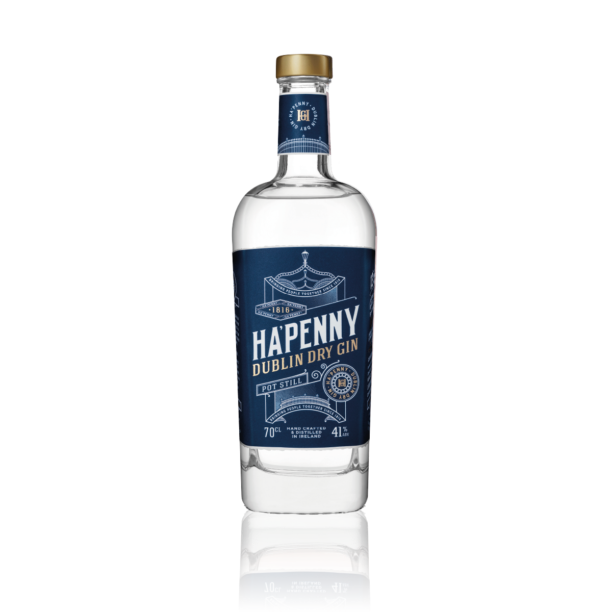 A bottle of Ha'penny Dublin Dry Gin with a blue label and gold cap.