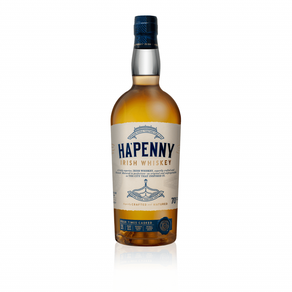 A bottle of Ha’penny Irish Whiskey displayed on a white background.